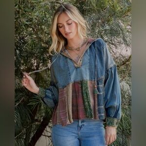 Young Threads Bohemian Patchwork Hooded Denim Top